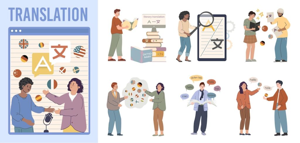 translation service flat composition with country balls doodle people characters isolated icons communicating foreigners vector illustration 98292 8990